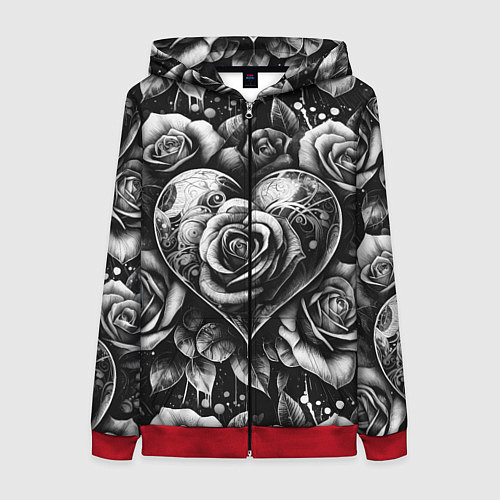 Женская толстовка на молнии Черно белое сердце и розы / 3D-Красный – фото 1