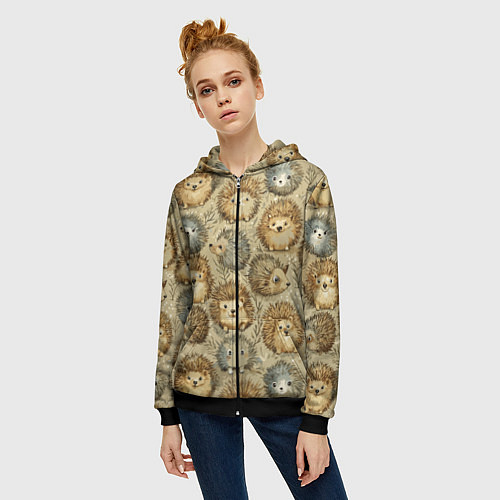Женская толстовка на молнии Паттерн лесной ежик / 3D-Черный – фото 3