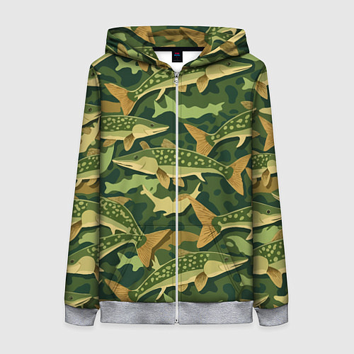 Женская толстовка на молнии Камуфляж рыболова - рыба щука / 3D-Меланж – фото 1