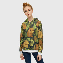 Толстовка на молнии женская Капибары - лесной маскировочный камуфляж, цвет: 3D-белый — фото 2