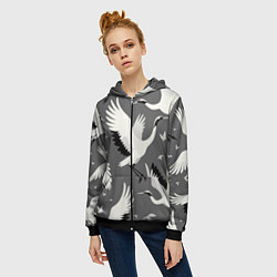 Толстовка на молнии женская Стая белых журавлей в небе - японский орнамент, цвет: 3D-черный — фото 2