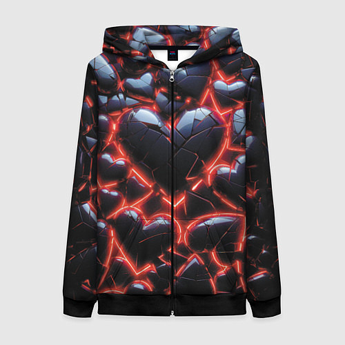 Женская толстовка на молнии Разбитые сердца и красный неон / 3D-Черный – фото 1