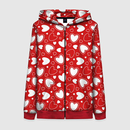 Женская толстовка на молнии Белые сердечки на красном фоне / 3D-Красный – фото 1