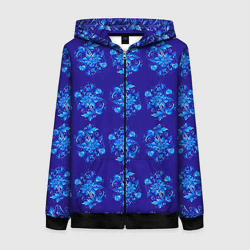 Женская толстовка на молнии Узоры гжель на синем фоне / 3D-Черный – фото 1