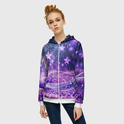 Толстовка на молнии женская Абстрактные звезды в фиолетовых искрах, цвет: 3D-белый — фото 2