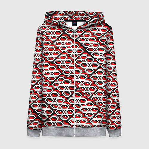 Женская толстовка на молнии Красно-белый узор на чёрном фоне / 3D-Меланж – фото 1