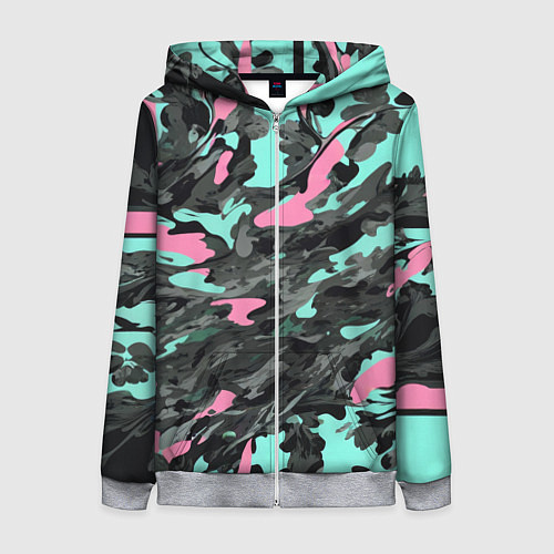 Женская толстовка на молнии Бирюзово-розовый камуфляж / 3D-Меланж – фото 1
