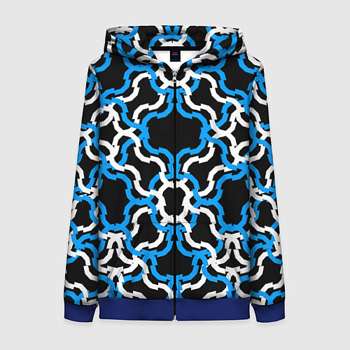 Женская толстовка на молнии Сине-белые полосы на чёрном фоне / 3D-Синий – фото 1