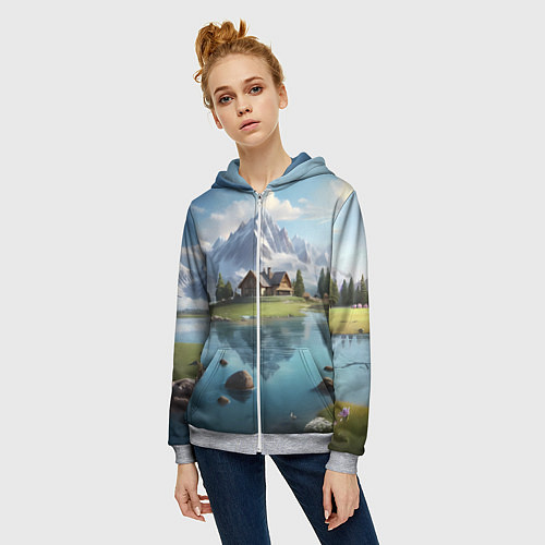 Женская толстовка на молнии Чудесный день на берегу озера в горах / 3D-Меланж – фото 3