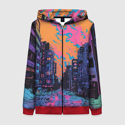 Женская толстовка на молнии Киберпанк город в стиле комиксов / 3D-Красный – фото 1