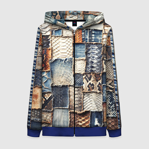 Женская толстовка на молнии Змеиная кожа - пэчворк / 3D-Синий – фото 1