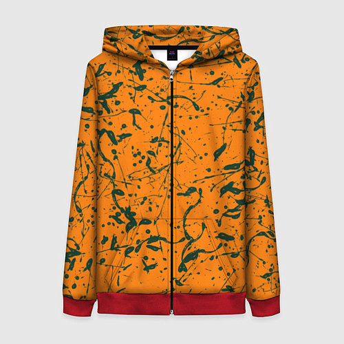Женская толстовка на молнии Оранжевый с брызгами зеленой краски / 3D-Красный – фото 1