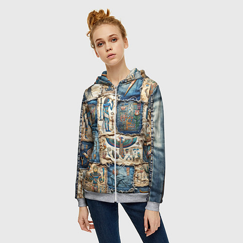 Женская толстовка на молнии Пэчворк из Египетских мотивов / 3D-Меланж – фото 3
