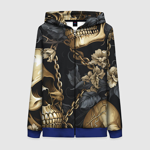 Женская толстовка на молнии Золотые черепа с цепями / 3D-Синий – фото 1