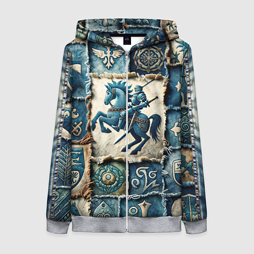 Женская толстовка на молнии Рыцарь на пэчворк дениме / 3D-Меланж – фото 1