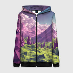 Толстовка на молнии женская Геометрический зеленый пейзаж и фиолетовые горы, цвет: 3D-черный