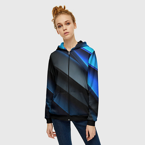 Женская толстовка на молнии Темная синяя стильная абстракция на черном фоне / 3D-Черный – фото 3