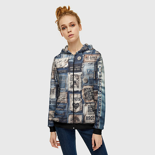 Женская толстовка на молнии Пэчворк джинсы из Лондона / 3D-Черный – фото 3