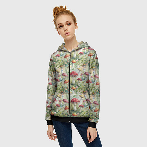 Женская толстовка на молнии Дикие грибы лесные мухоморы / 3D-Черный – фото 3