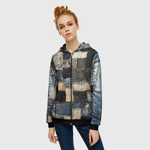 Женская толстовка на молнии Заплатки пэчворк на джинсе / 3D-Черный – фото 3