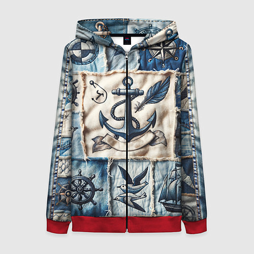 Женская толстовка на молнии Пэчворк с якорем - джинсовка моряка / 3D-Красный – фото 1