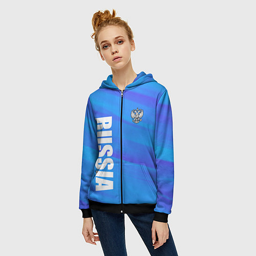 Женская толстовка на молнии Россия - синие волны / 3D-Черный – фото 3