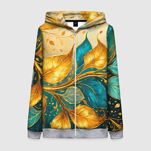 Женская толстовка на молнии Листья абстрактные золото и бирюза / 3D-Меланж – фото 1