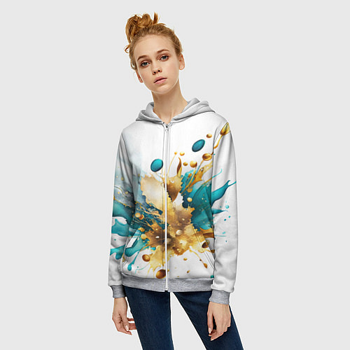 Женская толстовка на молнии Бирюзово голубая абстракция, брызги краски на бело / 3D-Меланж – фото 3