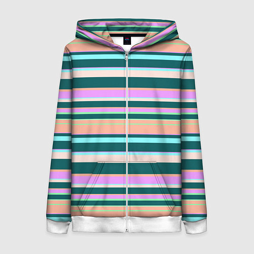 Женская толстовка на молнии Полосатый оранжево-бирюзовый / 3D-Белый – фото 1