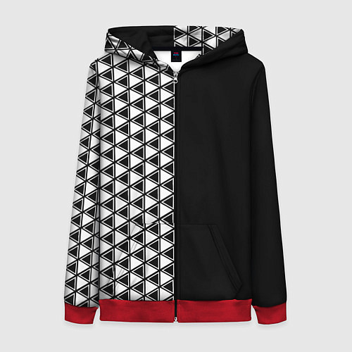 Женская толстовка на молнии Белые треугольники на чёрном фоне / 3D-Красный – фото 1