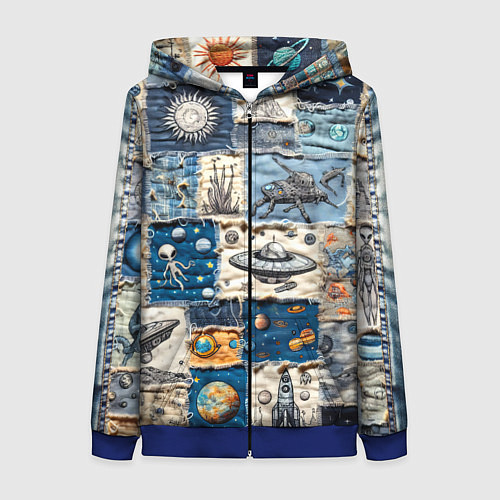 Женская толстовка на молнии Джинсовый пэчворк с пришельцами / 3D-Синий – фото 1