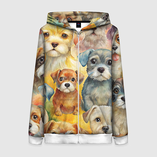 Женская толстовка на молнии Красочный паттерн с щенками / 3D-Белый – фото 1