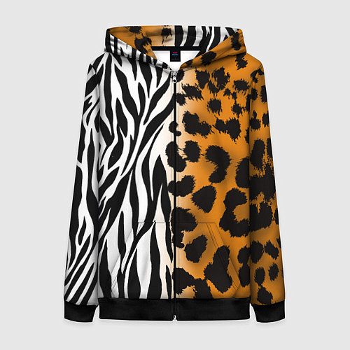 Женская толстовка на молнии Леопардовые пятна с полосками зебры / 3D-Черный – фото 1