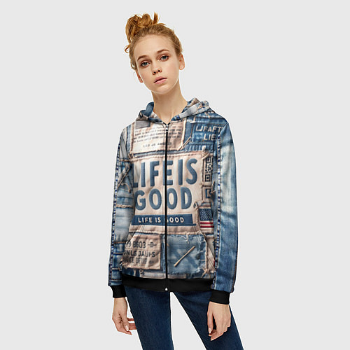 Женская толстовка на молнии Жизнь прекрасна- пэчворк / 3D-Черный – фото 3