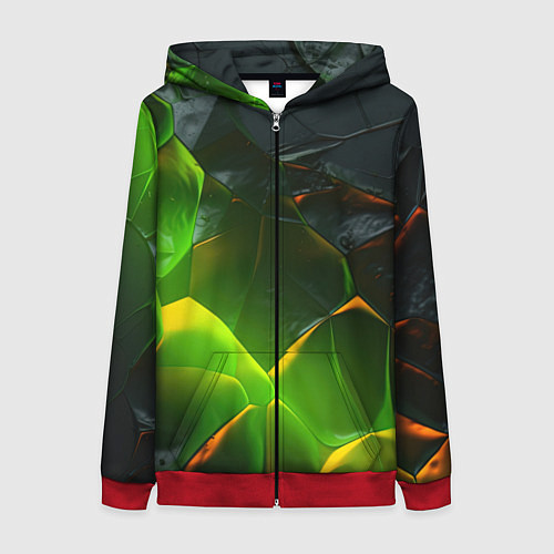 Женская толстовка на молнии Зеленая абстрактная неоновая текстура / 3D-Красный – фото 1