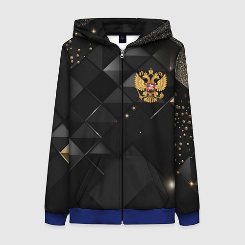 Женская толстовка на молнии Золотой герб России на черно-золотой текстуре / 3D-Синий – фото 1