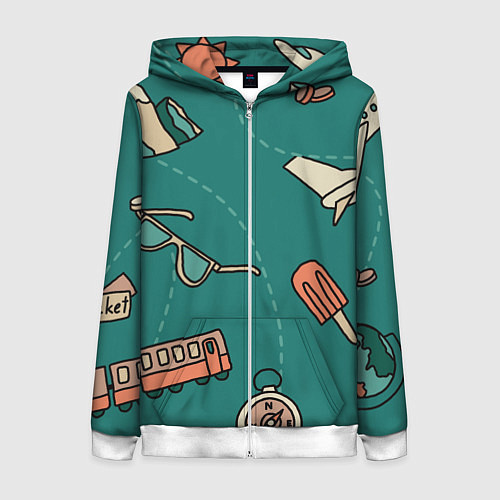 Женская толстовка на молнии Предметы для путешествий, транспорт / 3D-Белый – фото 1