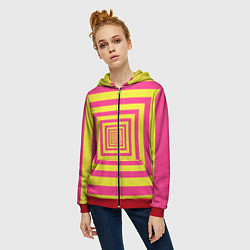 Толстовка на молнии женская Желтые квадраты трансформация, цвет: 3D-красный — фото 2