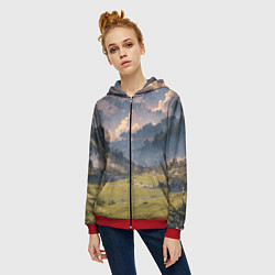 Толстовка на молнии женская Зелёное поле и небо - аниме, цвет: 3D-красный — фото 2