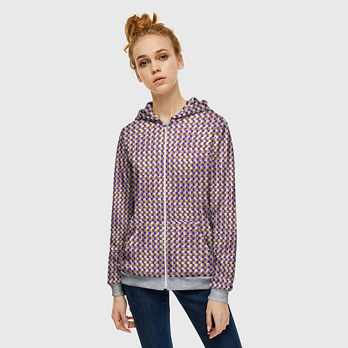 Женская толстовка на молнии Сине-бежевый текстурированный квадраты-рябь / 3D-Меланж – фото 3