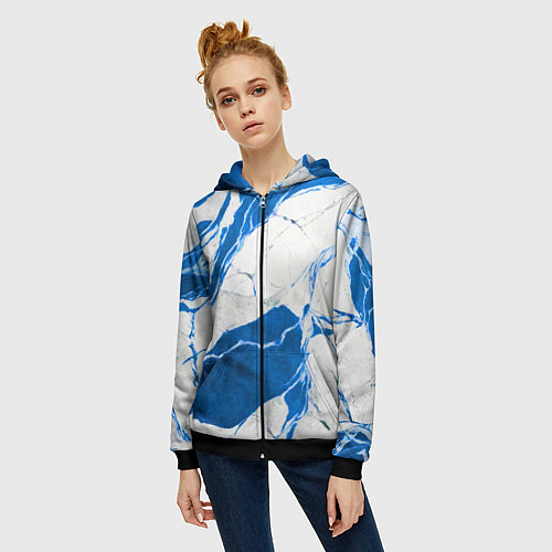 Женская толстовка на молнии Бело-синий мрамор / 3D-Черный – фото 3