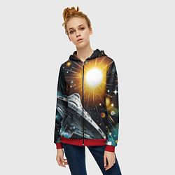 Толстовка на молнии женская Космолёт в неоновом космосе - нейросеть, цвет: 3D-красный — фото 2