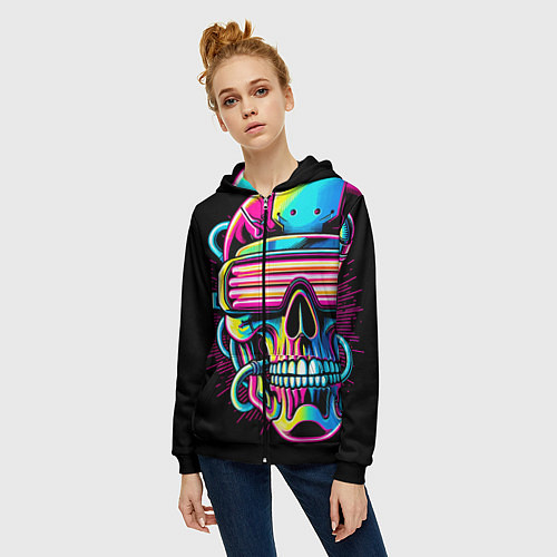 Женская толстовка на молнии Cyber skull - ai art neon / 3D-Черный – фото 3