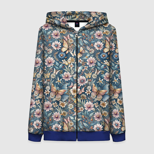Женская толстовка на молнии Летний узор с цветами и бабочками / 3D-Синий – фото 1