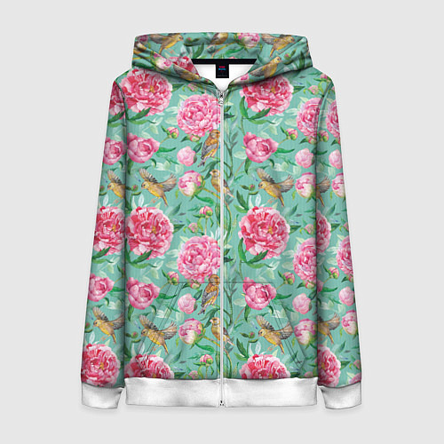 Женская толстовка на молнии Пионы и зеленушка на зеленом / 3D-Белый – фото 1