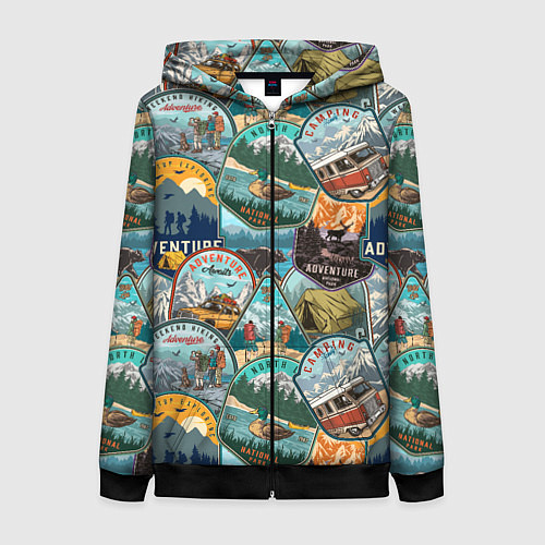 Женская толстовка на молнии Adventure stickers / 3D-Черный – фото 1