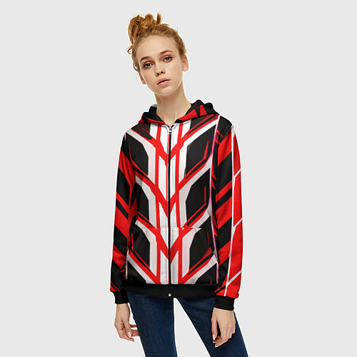 Женская толстовка на молнии Красные полосы на чёрно-белом фоне / 3D-Черный – фото 3