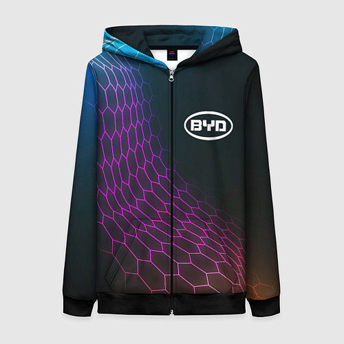 Женская толстовка на молнии BYD neon hexagon / 3D-Черный – фото 1