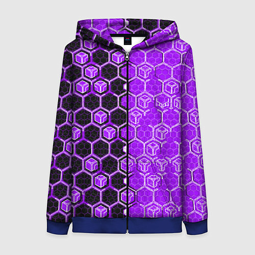 Женская толстовка на молнии Техно-киберпанк шестиугольники фиолетовый и чёрный / 3D-Синий – фото 1