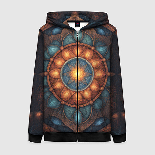 Женская толстовка на молнии Симметричный орнамент - мандала узор со светящейся / 3D-Черный – фото 1